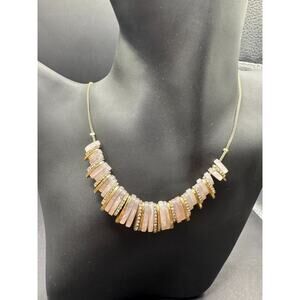 Signed LOFT Lucite Bib Pink Stone Bead Clear Rhinestone Gold Tone Necklace
